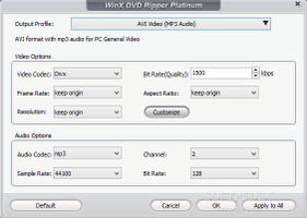 Showing the configurable audio and video settings in WinX DVD Ripper Platinum